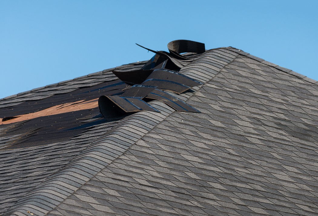 Steps to Take After Your Home is Damaged by a Storm. Storm Damage. Image of a roof with its shingles ripped up from damage.